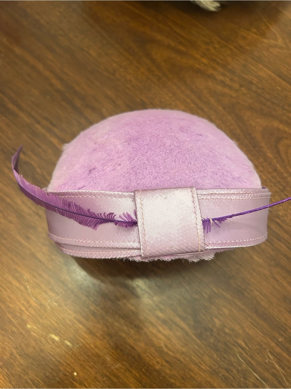 Vintage Lavender Felt Pillbox Hat with Feather Trim